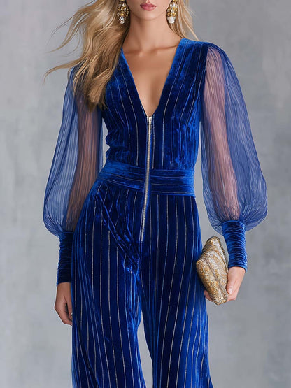 Glam Royal Blue Velvet Mesh-Sleeve Zip-Front Deep-V Wide-Leg Jumpsuit