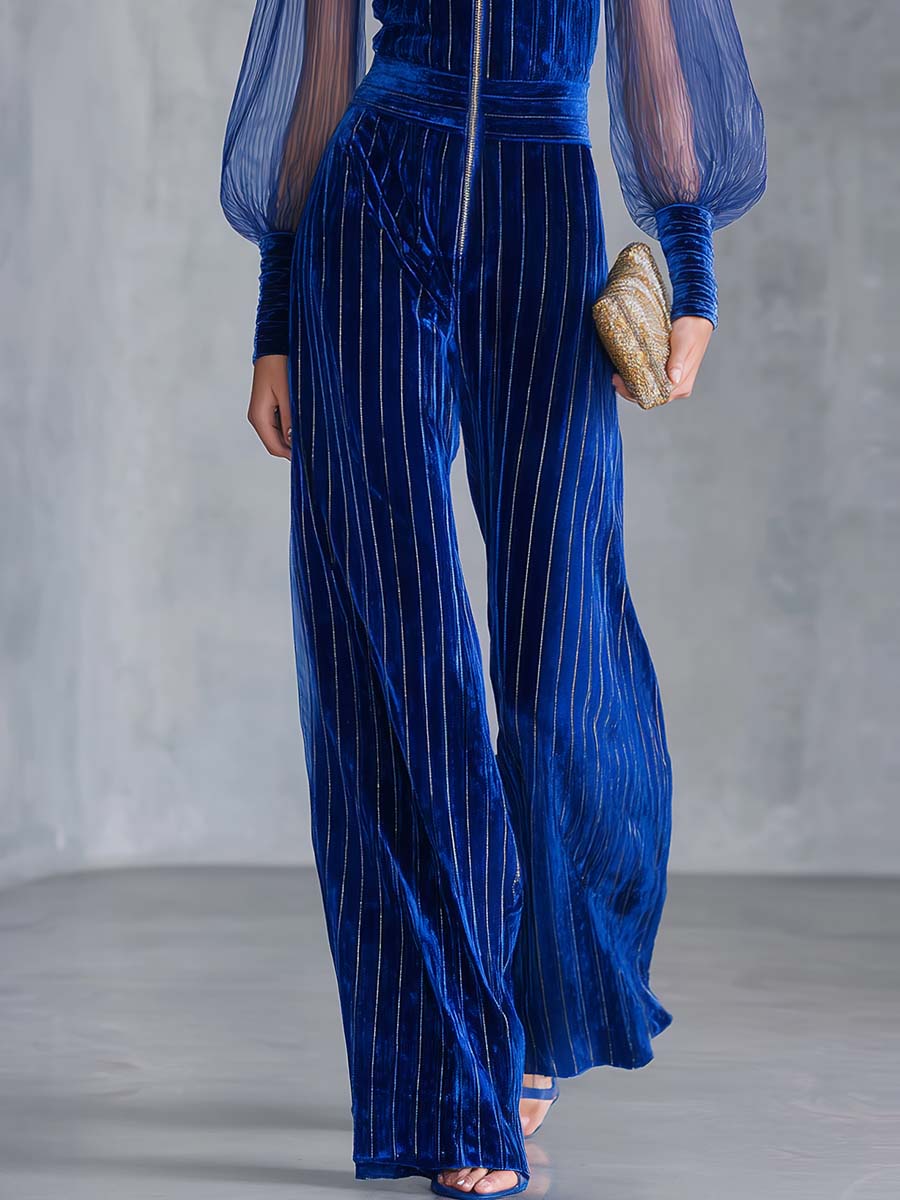 Glam Royal Blue Velvet Mesh-Sleeve Zip-Front Deep-V Wide-Leg Jumpsuit