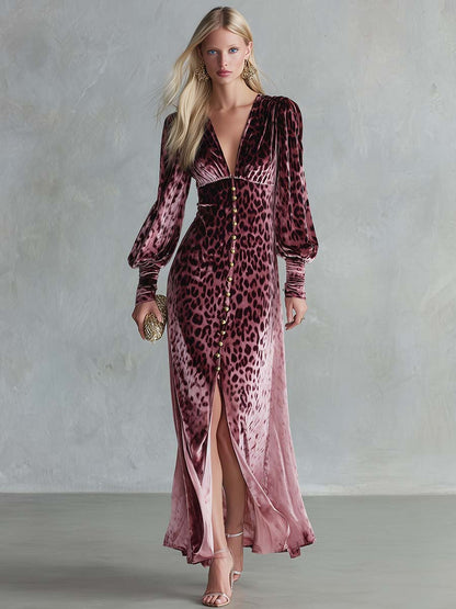 Glam Leopard Velvet Deep-V Gold-Button Slit Long-Sleeve Maxi Dress