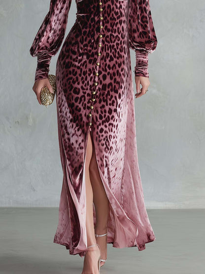 Glam Leopard Velvet Deep-V Gold-Button Slit Long-Sleeve Maxi Dress