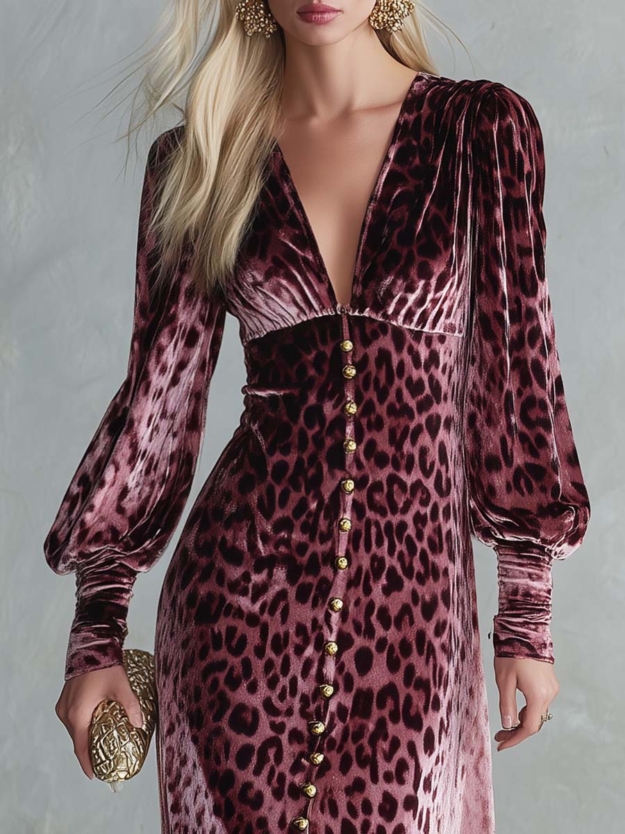 Glam Leopard Velvet Deep-V Gold-Button Slit Long-Sleeve Maxi Dress