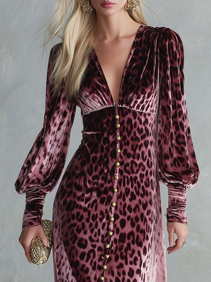 Glam Leopard Velvet Deep-V Gold-Button Slit Long-Sleeve Maxi Dress