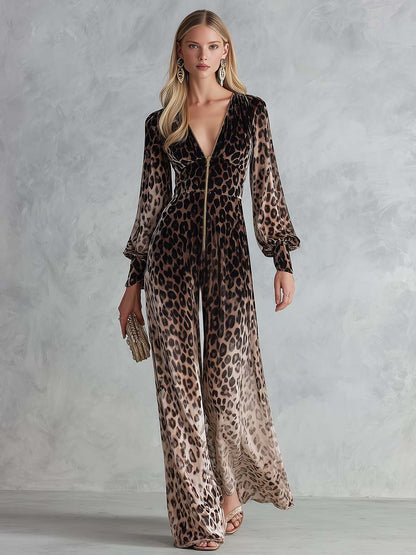 Glam Leopard Velvet Zip-Front Deep-V Long-Sleeve Wide-Leg Jumpsuit