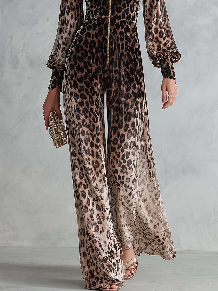 Glam Leopard Velvet Zip-Front Deep-V Long-Sleeve Wide-Leg Jumpsuit
