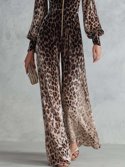 Glam Leopard Velvet Zip-Front Deep-V Long-Sleeve Wide-Leg Jumpsuit