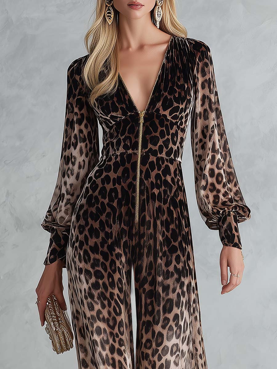 Glam Leopard Velvet Zip-Front Deep-V Long-Sleeve Wide-Leg Jumpsuit