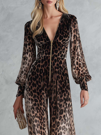 Glam Leopard Velvet Zip-Front Deep-V Long-Sleeve Wide-Leg Jumpsuit