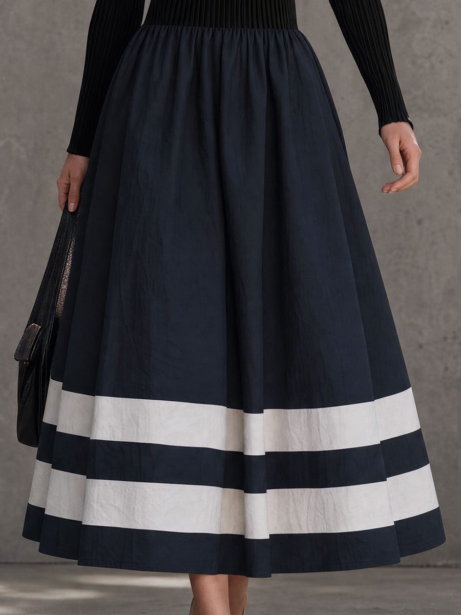 Retro-chic Black Knit And Blue Cotton Off-shoulder Long-sleeved Midi Dress