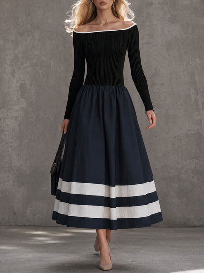Retro-chic Black Knit And Blue Cotton Off-shoulder Long-sleeved Midi Dress