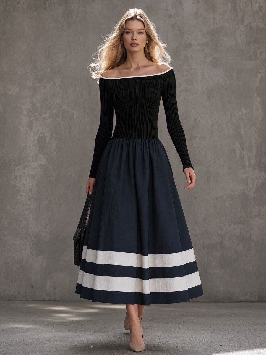 Retro-chic Black Knit And Blue Cotton Off-shoulder Long-sleeved Midi Dress