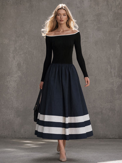 Retro-chic Black Knit And Blue Cotton Off-shoulder Long-sleeved Midi Dress