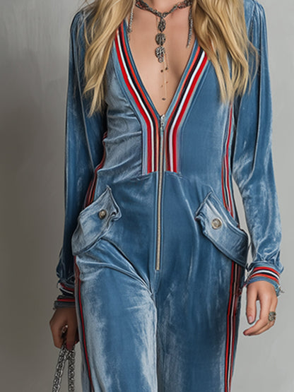 Casual-Chic Striped Trim Blue Velvet Loose-Fit Long-Sleeve Jumpsuit