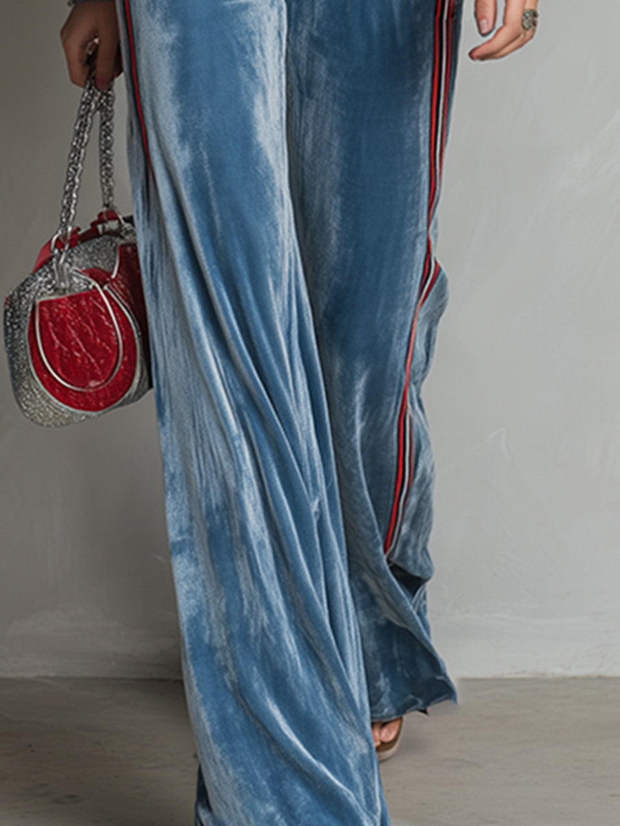 Casual-Chic Striped Trim Blue Velvet Loose-Fit Long-Sleeve Jumpsuit