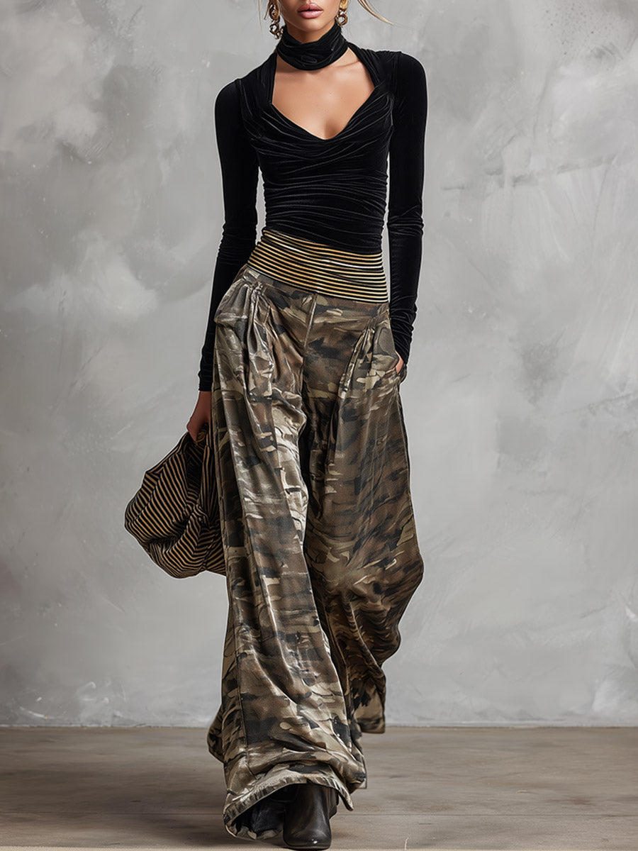Chic Everyday Black Top And Camouflage Wide-leg Velvet Set