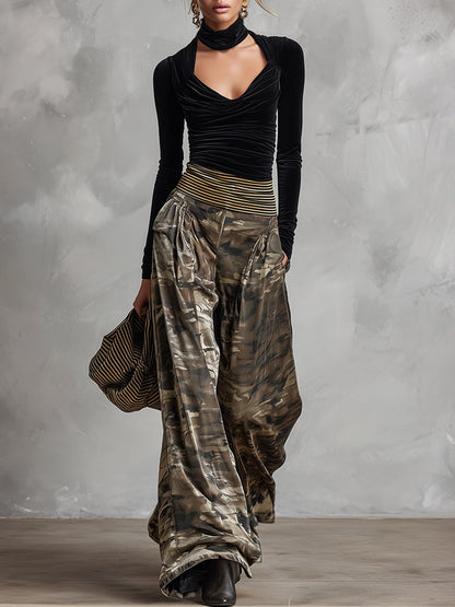 Chic Everyday Black Top And Camouflage Wide-leg Velvet Set