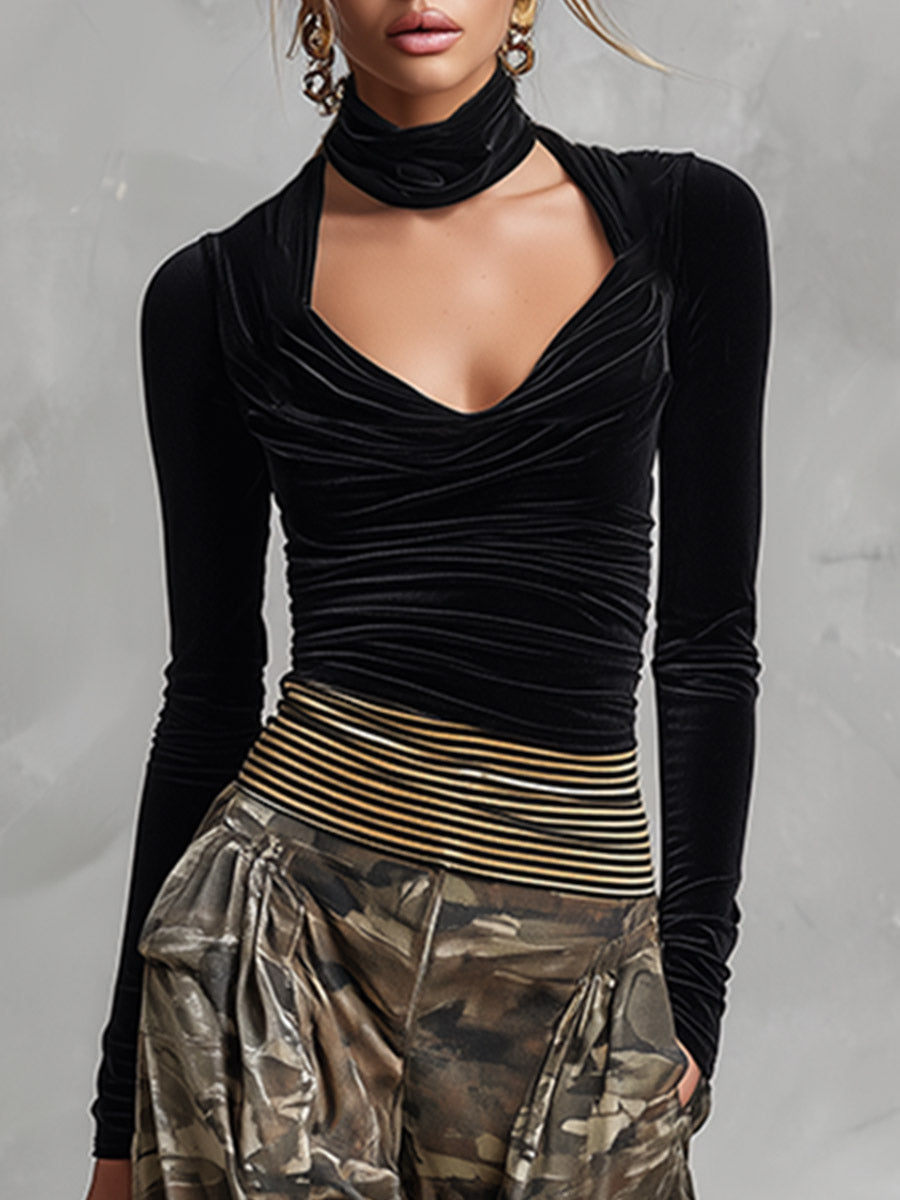 Chic Everyday Black Top And Camouflage Wide-leg Velvet Set