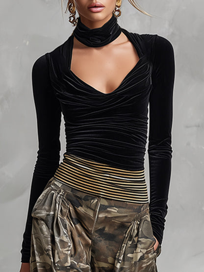 Chic Everyday Black Top And Camouflage Wide-leg Velvet Set