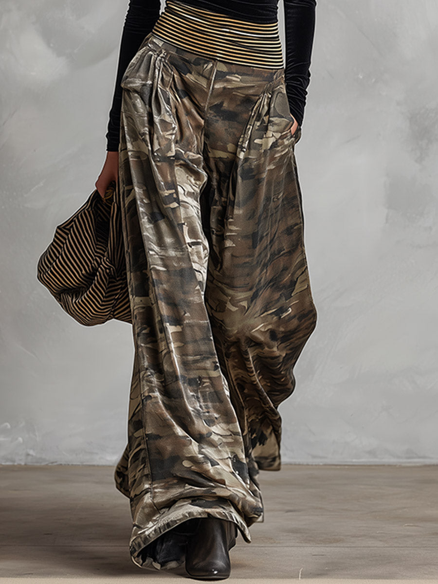 Chic Everyday Black Top And Camouflage Wide-leg Velvet Set