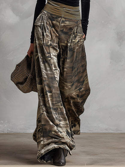 Chic Everyday Black Top And Camouflage Wide-leg Velvet Set