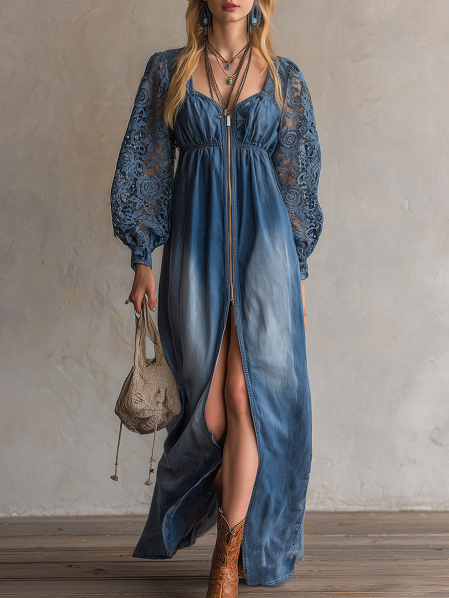 Elegant Urban Blue Denim Long-Sleeved Lace Maxi Dress