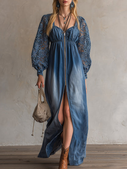 Elegant Urban Blue Denim Long-Sleeved Lace Maxi Dress