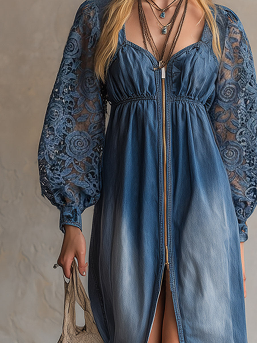 Elegant Urban Blue Denim Long-Sleeved Lace Maxi Dress
