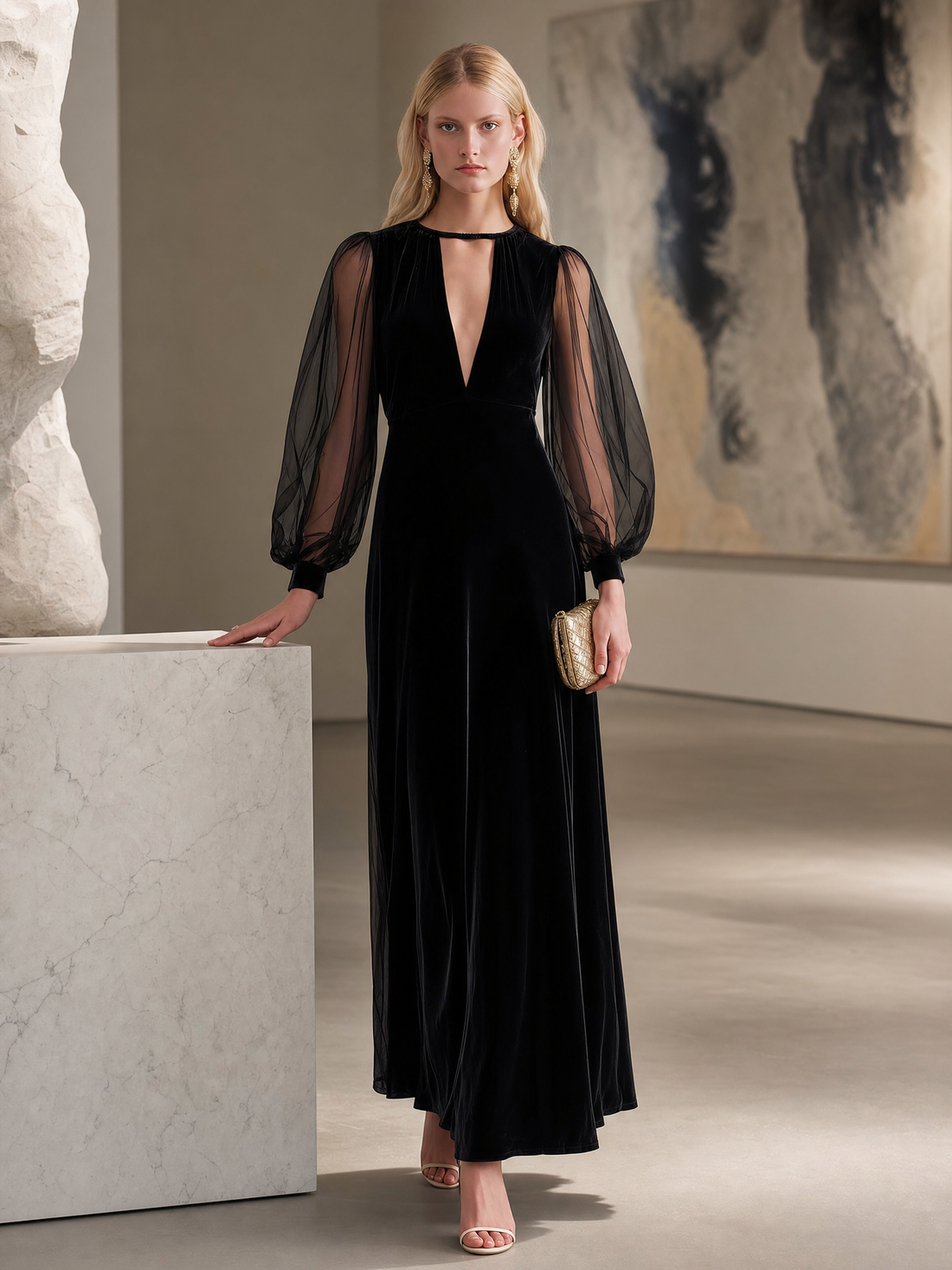 Elegant Black Velvet Mesh-Sleeve Keyhole Deep-V Long-Sleeve Maxi Dress