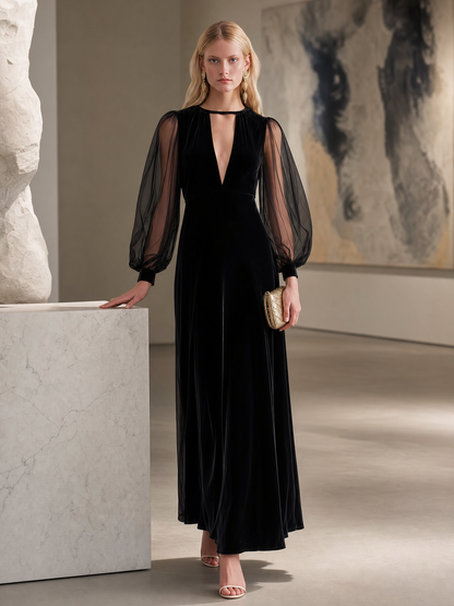 Elegant Black Velvet Mesh-Sleeve Keyhole Deep-V Long-Sleeve Maxi Dress