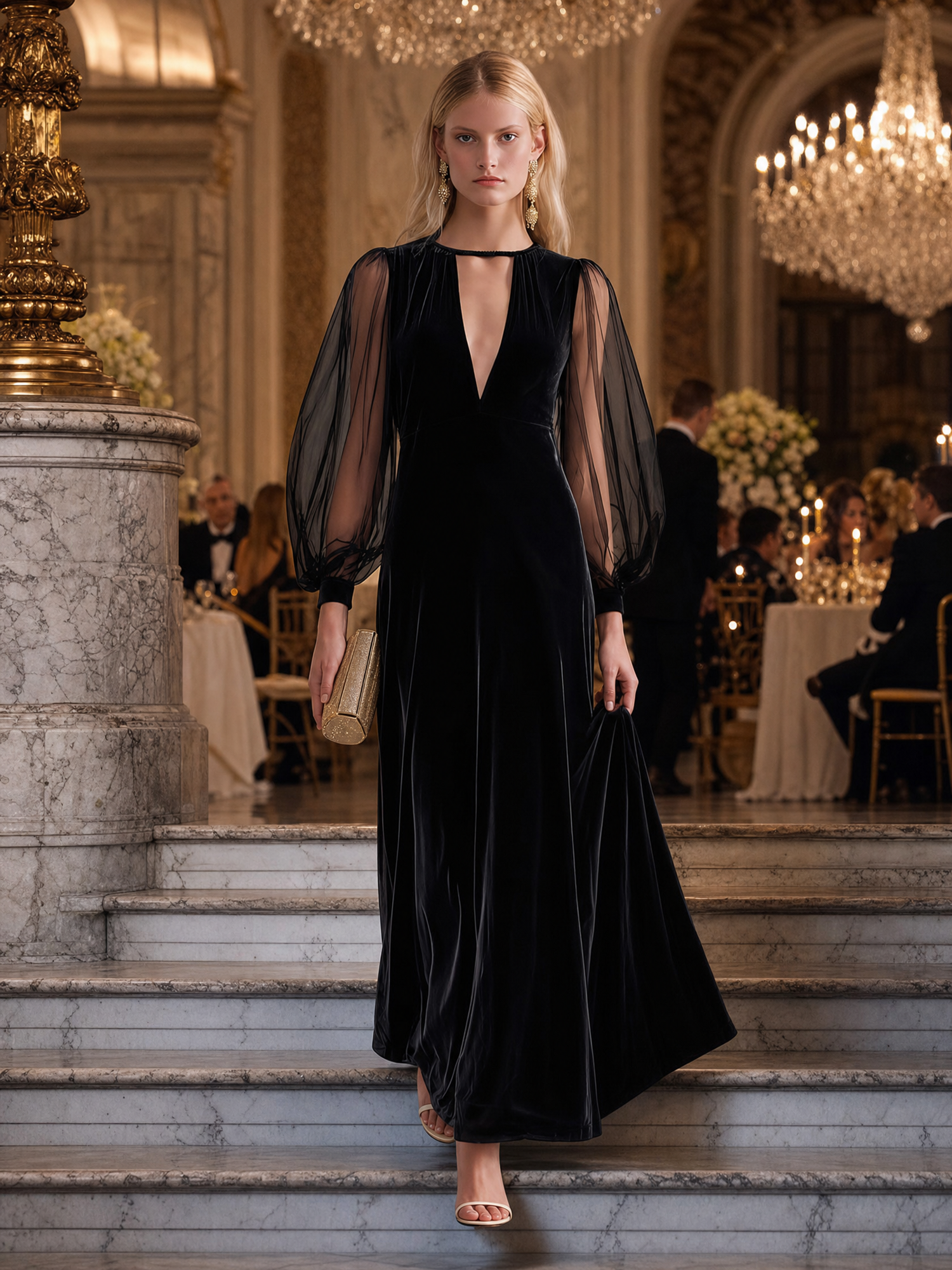 Elegant Black Velvet Mesh-Sleeve Keyhole Deep-V Long-Sleeve Maxi Dress – OYROSY