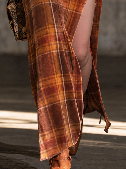 Retro Caramel Orange Chiffon Long-sleeved Plaid Velvet Maxi Dress