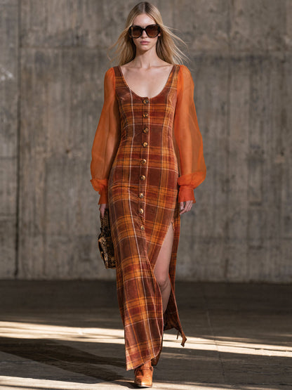 Retro Caramel Orange Chiffon Long-sleeved Plaid Velvet Maxi Dress