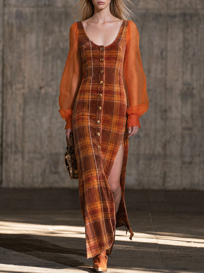 Retro Caramel Orange Chiffon Long-sleeved Plaid Velvet Maxi Dress