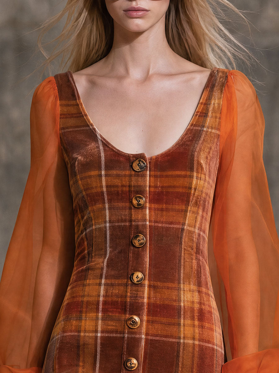 Retro Caramel Orange Chiffon Long-sleeved Plaid Velvet Maxi Dress