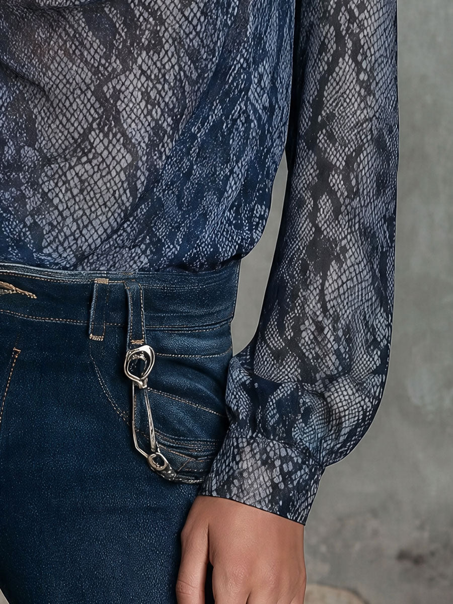 Retro-elegant Blue Snakeskin Collar Chiffon Shirt