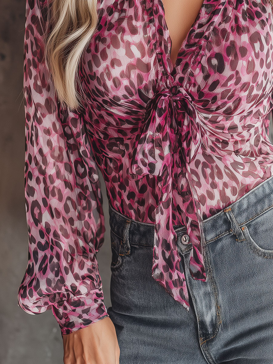 Retro-elegant Pink Leopard Print Tie-waist V-neck Long-sleeved Chiffon Blouse