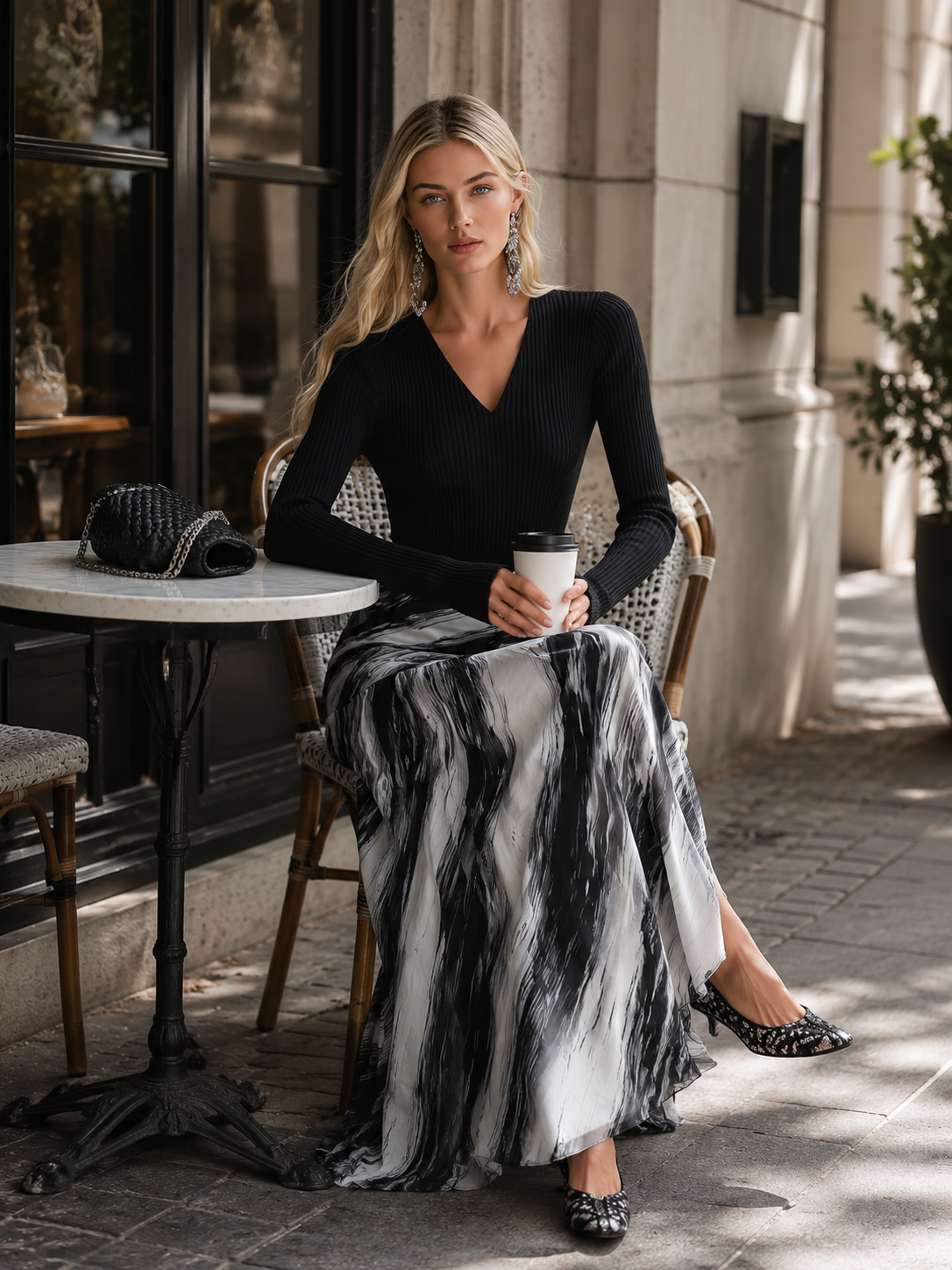 Elegant Party Black Knit Top and Abstract-Stripe Chiffon Skirt Set