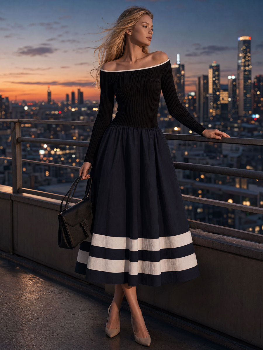Retro-chic Black Knit And Blue Cotton Off-shoulder Long-sleeved Midi Dress