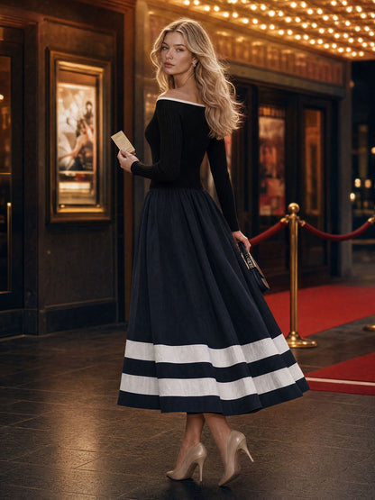 Retro-chic Black Knit And Blue Cotton Off-shoulder Long-sleeved Midi Dress