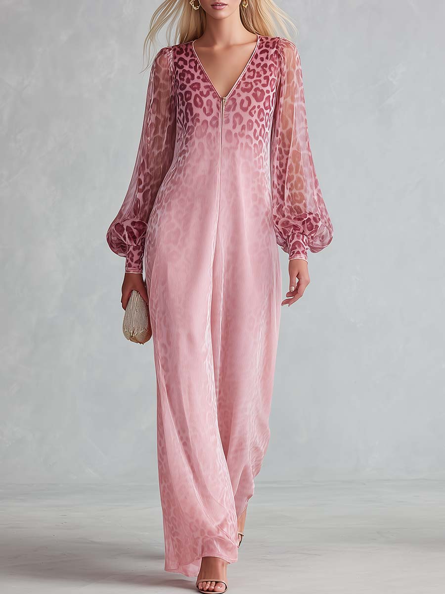 Elegant Pink Ombre Leopard Chiffon Zip-Front Sheer-Sleeve V-Neck Maxi Dress
