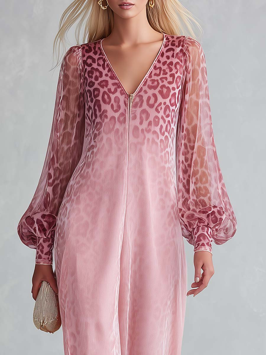 Elegant Pink Ombre Leopard Chiffon Zip-Front Sheer-Sleeve V-Neck Maxi Dress