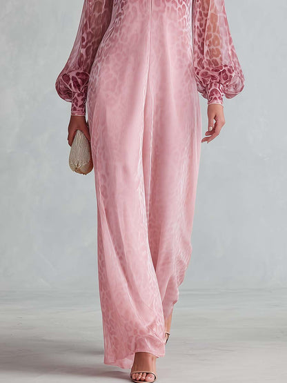 Elegant Pink Ombre Leopard Chiffon Zip-Front Sheer-Sleeve V-Neck Maxi Dress