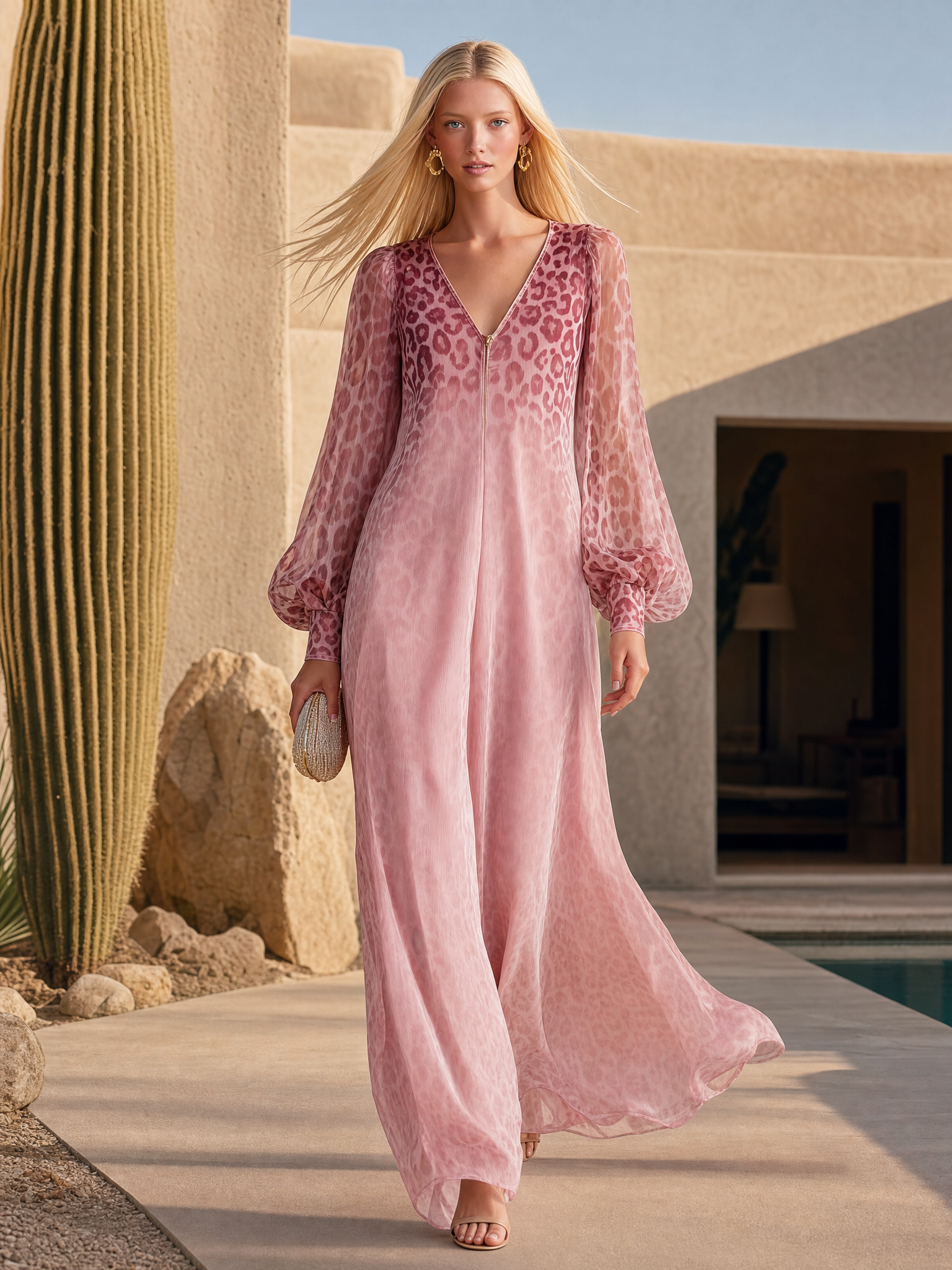 Elegant Pink Ombre Leopard Chiffon Zip-Front Sheer-Sleeve V-Neck Maxi Dress