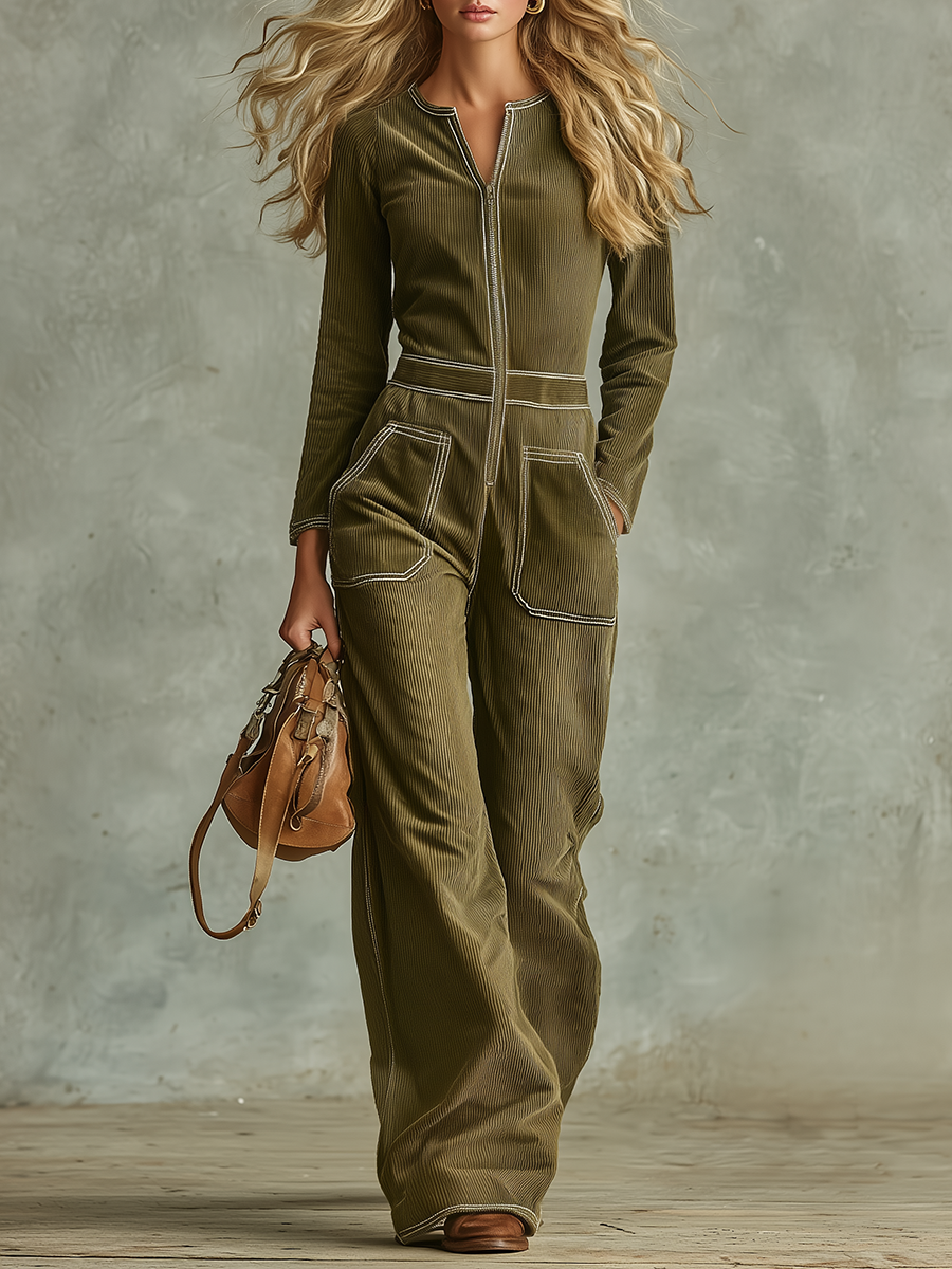 Retro-casual Elegant Western-style Green Corduroy Jumpsuit