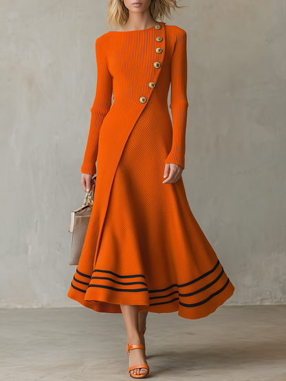 Retro-casual Elegant Western-style Orange Long-sleeve Knit Dress