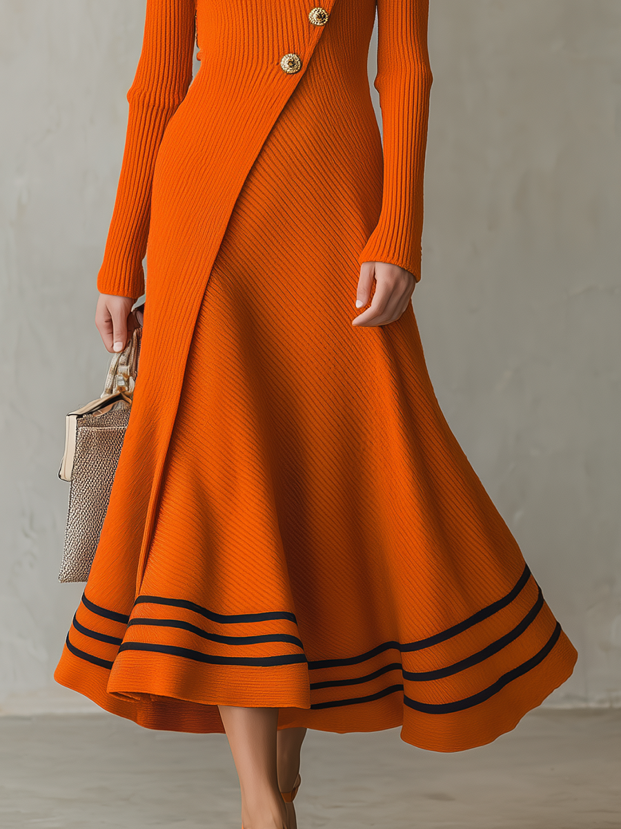 Retro-casual Elegant Western-style Orange Long-sleeve Knit Dress