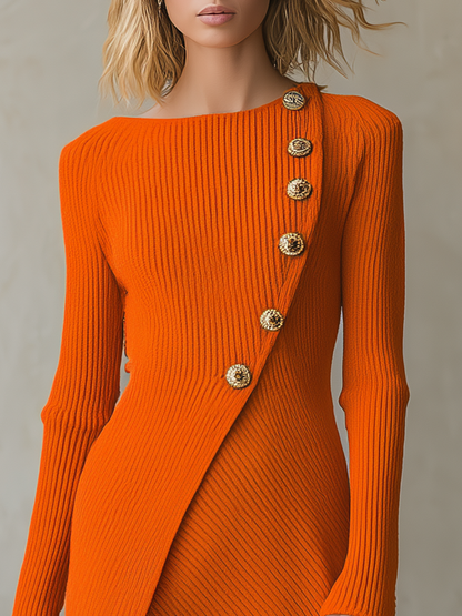 Retro-casual Elegant Western-style Orange Long-sleeve Knit Dress