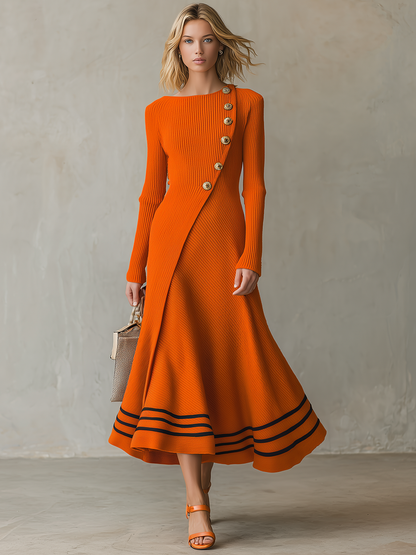 Retro-casual Elegant Western-style Orange Long-sleeve Knit Dress