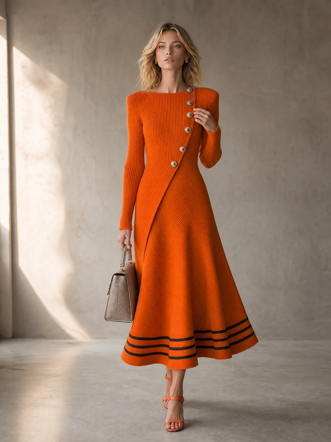 Retro-casual Elegant Western-style Orange Long-sleeve Knit Dress