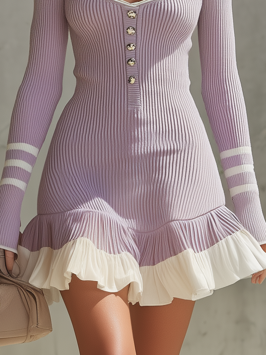 Vintage-style Casual Yet Elegant Western-inspired Purple Long-sleeve Knit Dress