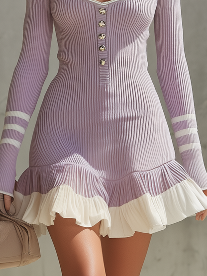 Vintage-style Casual Yet Elegant Western-inspired Purple Long-sleeve Knit Dress
